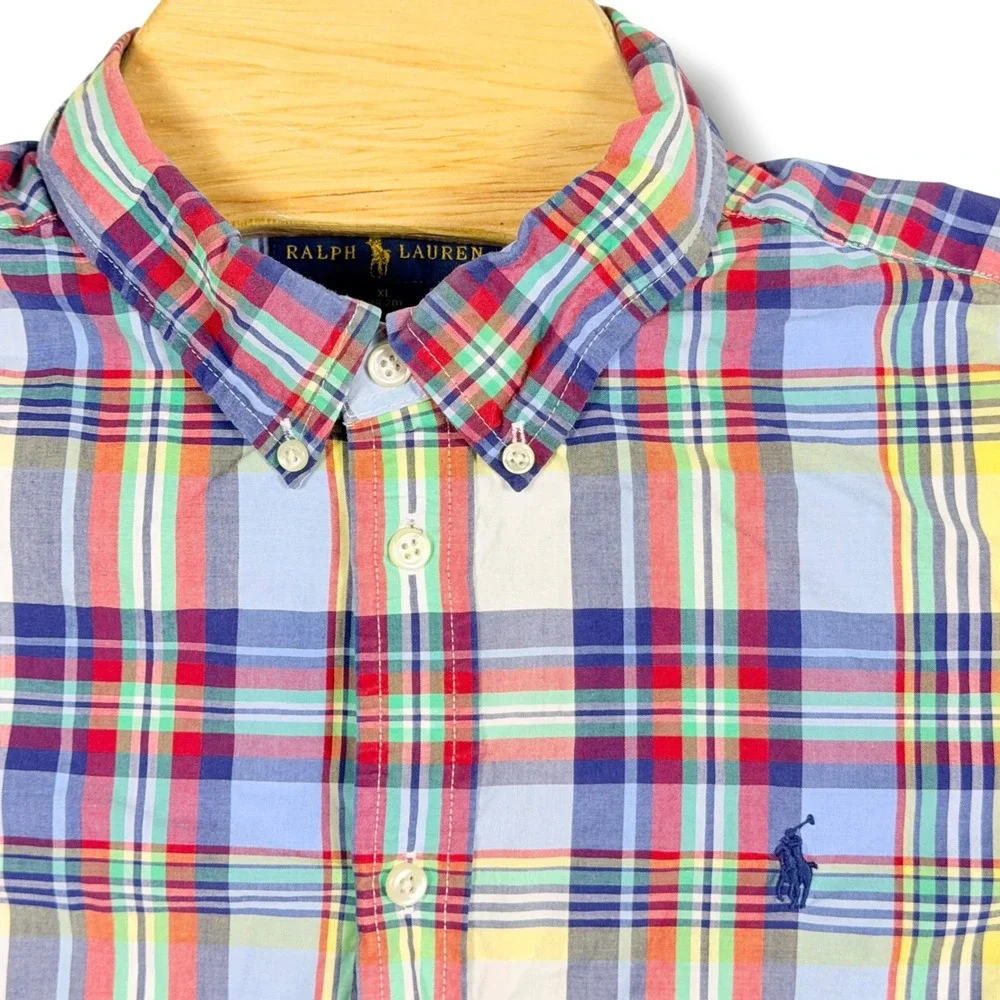 Ralph Lauren Button Down Shirt Boys XL Multicolor Madras Plaid Classic Pony Prep